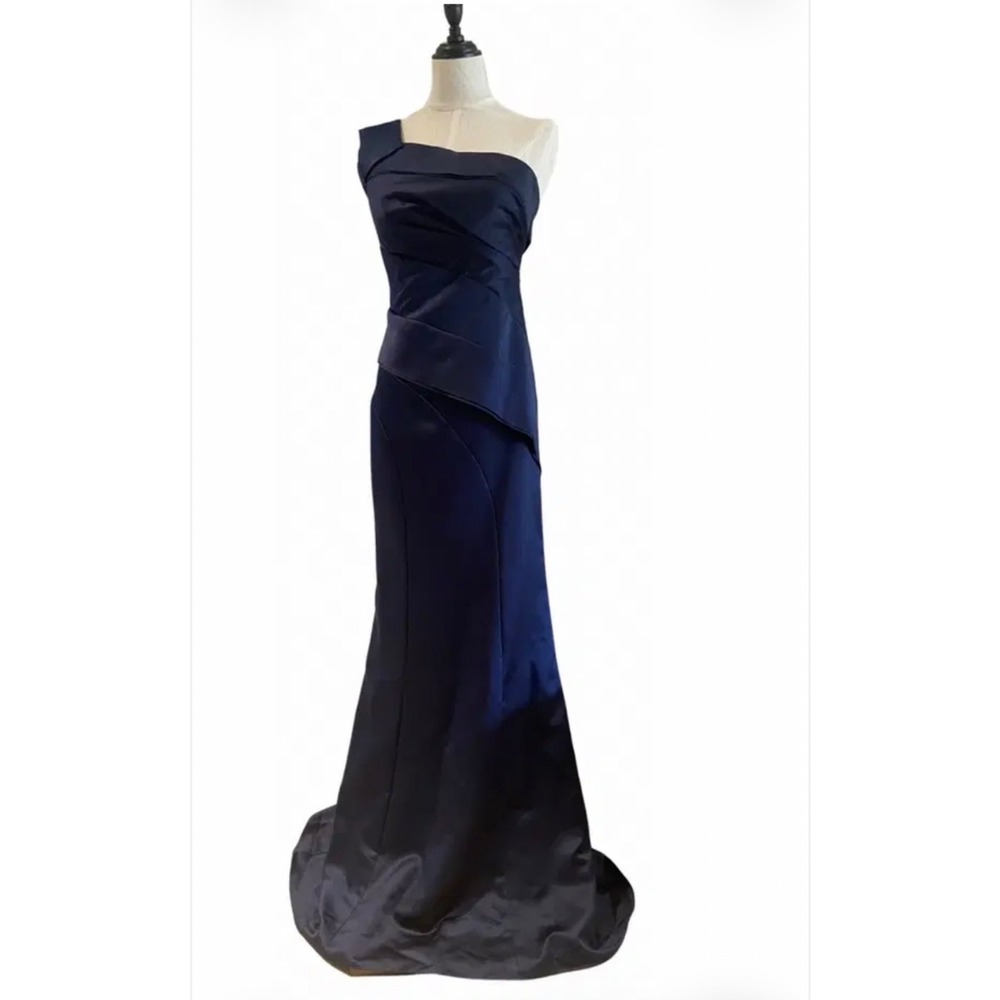 White by Vera Wang Navy Blue One Shoulder Satin Pleated Mermaid Gown Dress 2